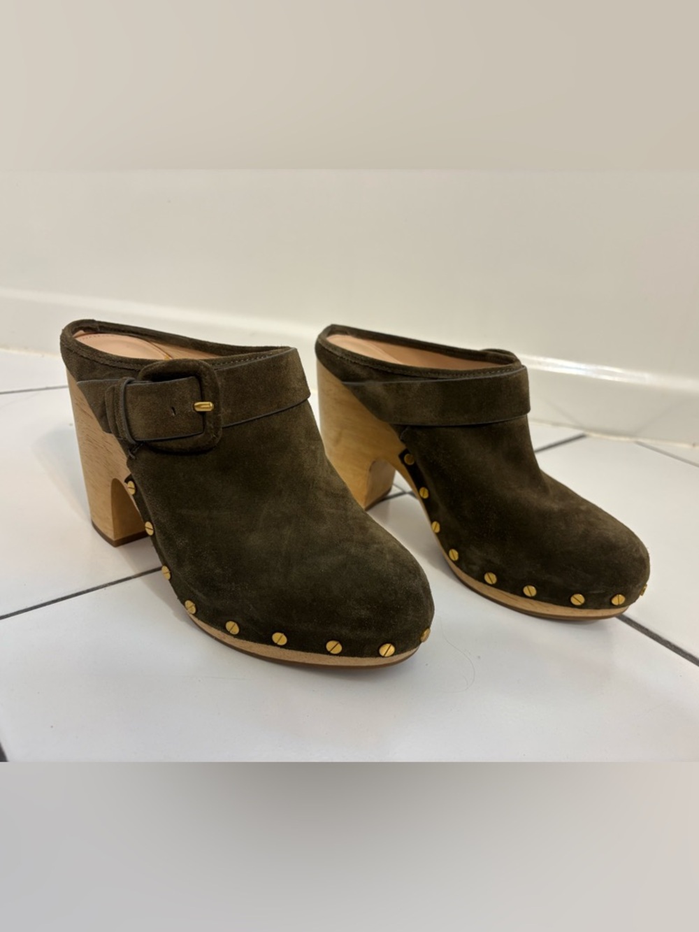 Veronica Beard Olive Suede Studded Clog Mules